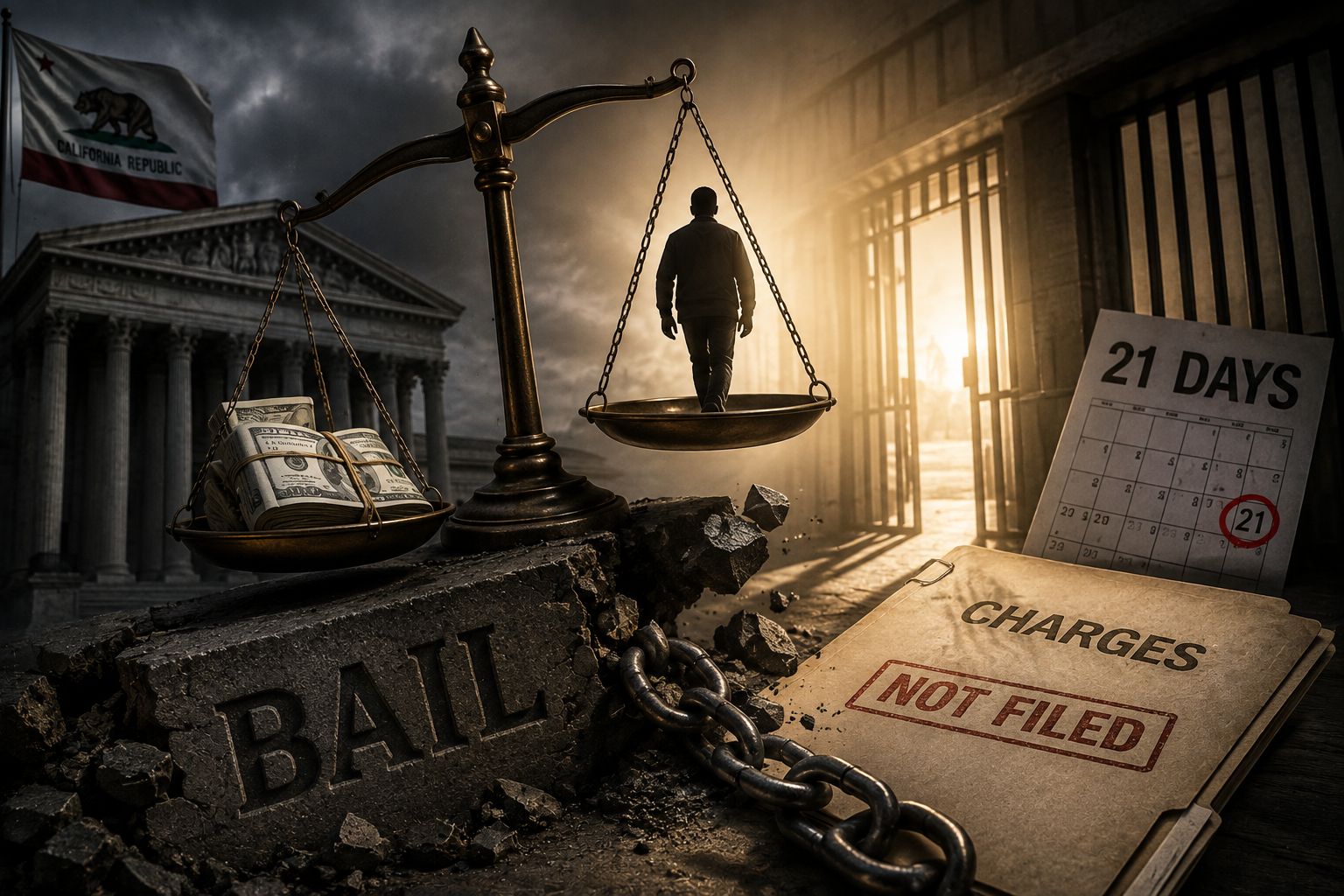 A stack of cash on one side of a courtroom scale opposite a silhouette walking free, next to a file stamped CHARGES NOT FILED and a calendar marking a 21-day countdown